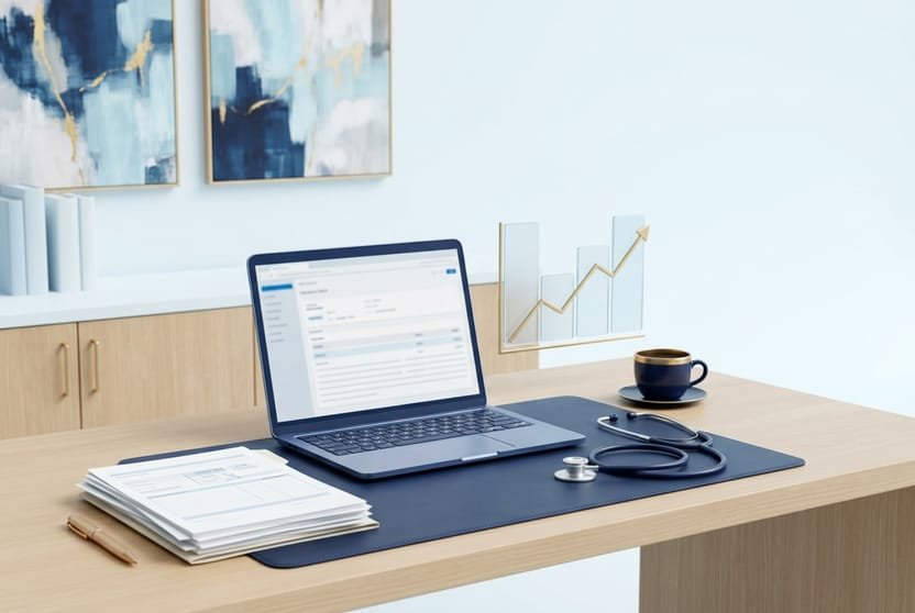 Practice desk with insurance claim forms, billing software, and a stethoscope