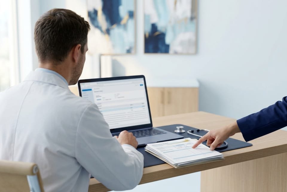 Doctor reviewing insurance claims with a billing specialist